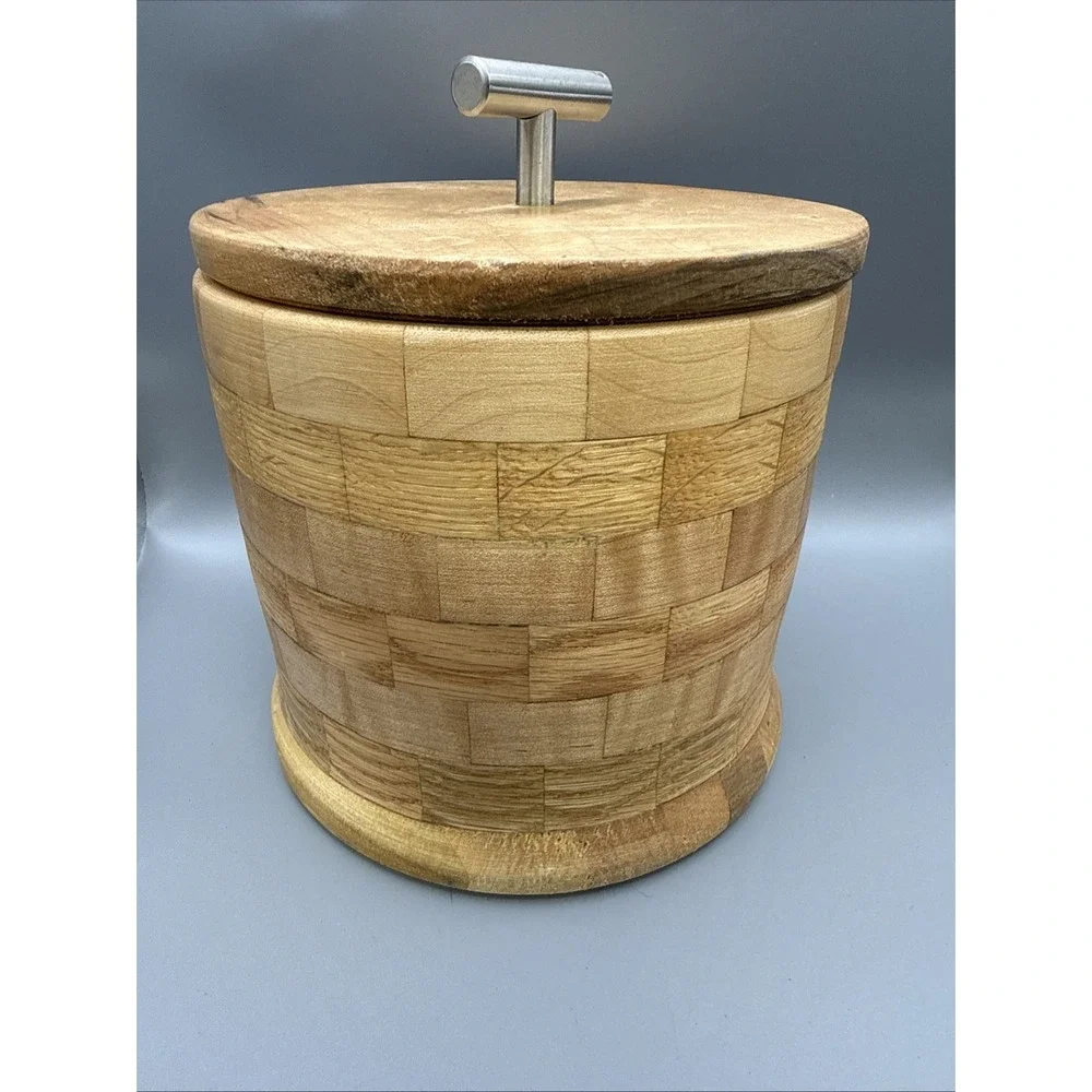 Segmented Wood Canister Box With Lid And Handle 6.5